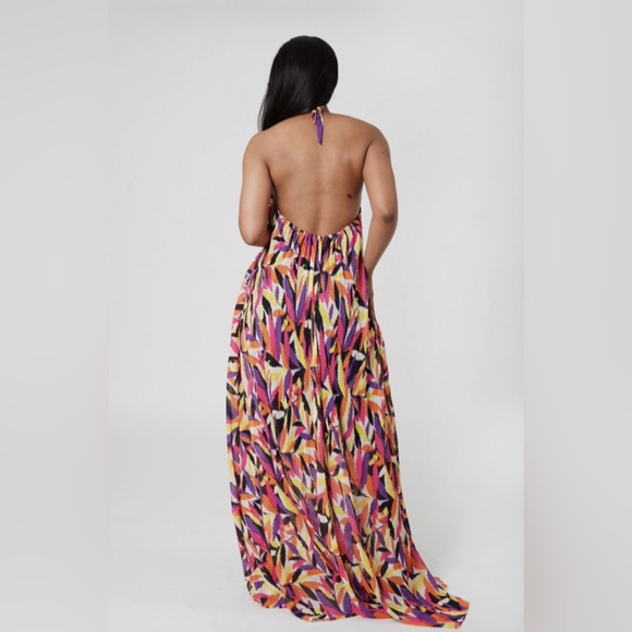 Multicolor Floral Print Chiffon Sleeveless Halter Neck Backless Maxi Dress - Picture 5 of 5
